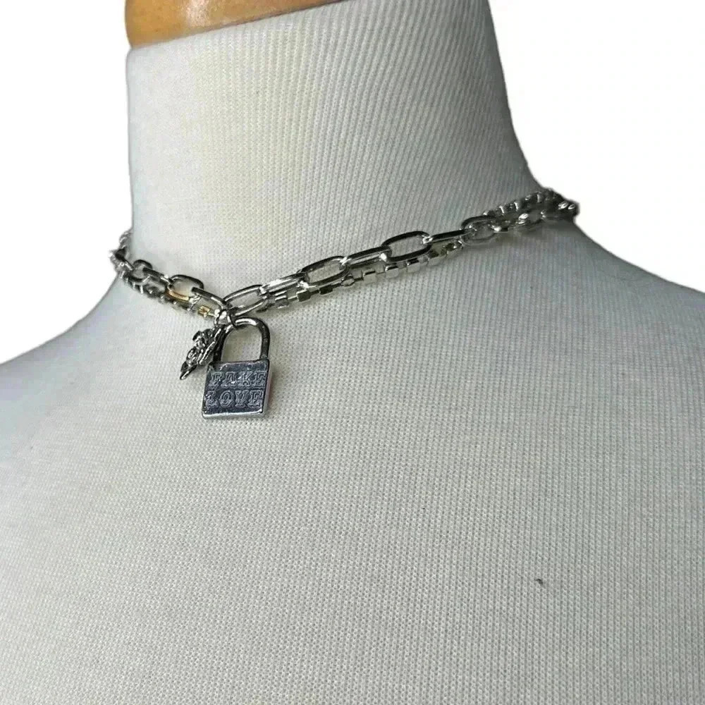 silver layered choker women's chain necklace pink fake love rose pendent lock
